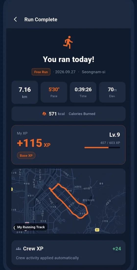 러닝 완료 화면: +115 XP 획득, 레벨 9